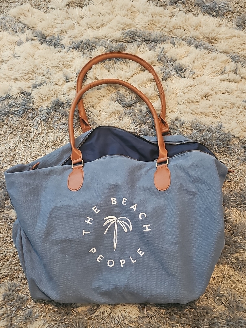 The Beach People Blue Canvas Tote with Tan Handles